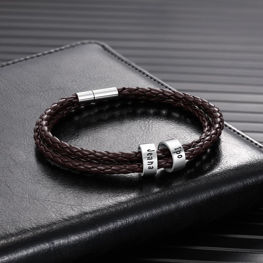 Braided Leather Personalised Name 2 Beads Men's Bracelets Unique Design