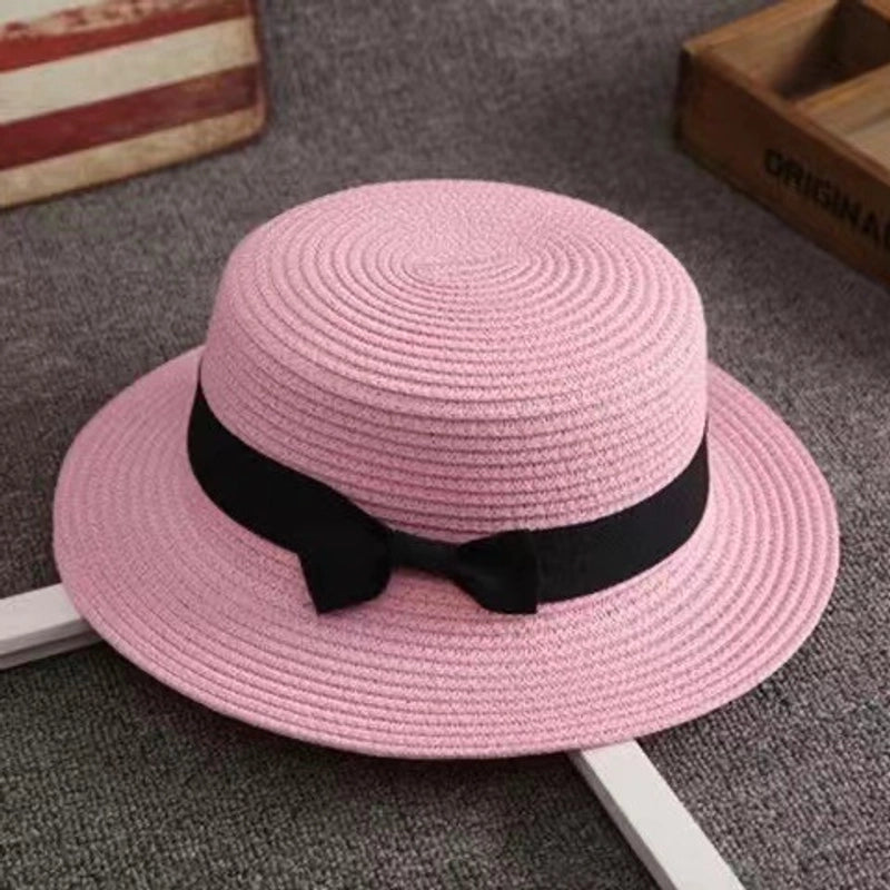 Straw Hat Summer Travel Bow Big Flat Top Hat Sunshade Sun Protection Retro Small Top Hat Beach Hat
