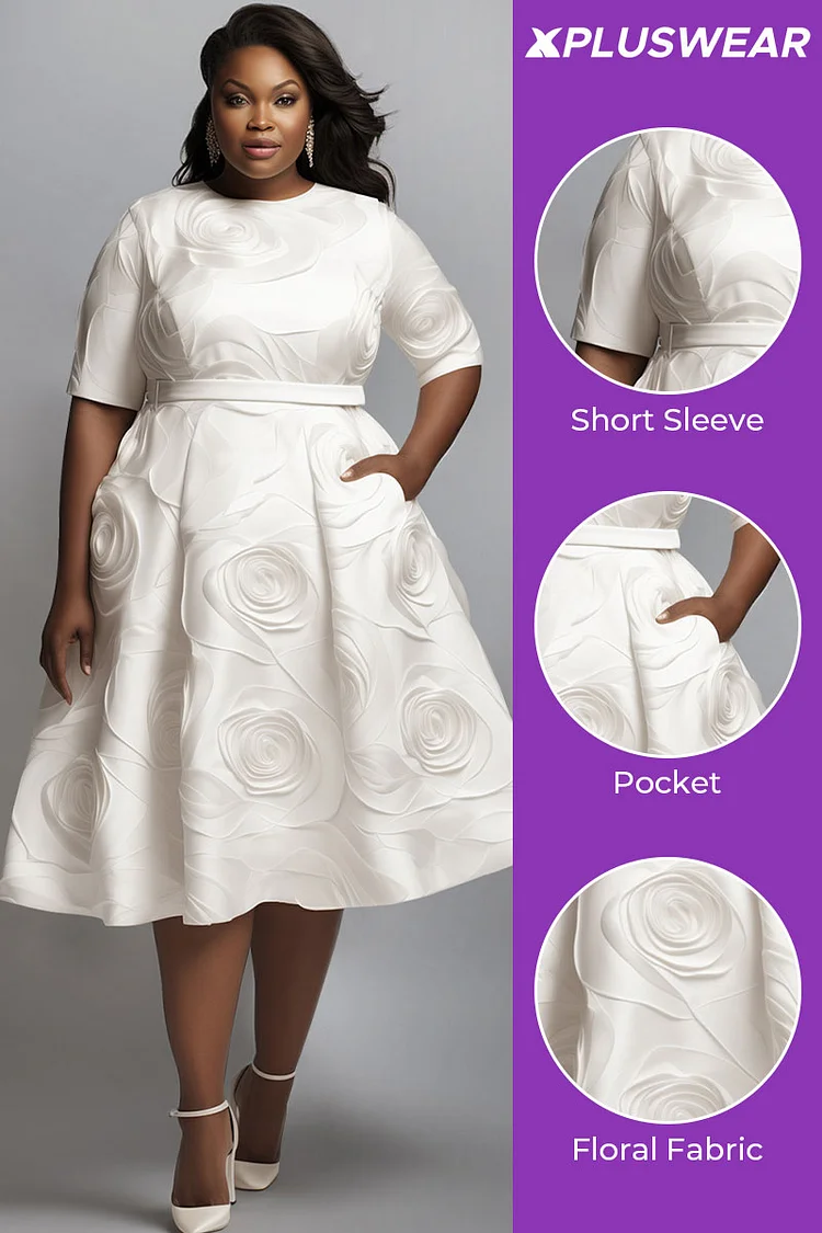 Xpluswear Design Plus Size Wedding Guest White Round Neck Short Sleeve Pocket Midi Dresses [Pre-Order]