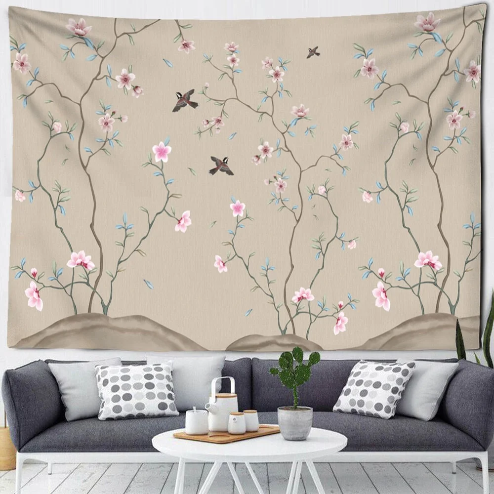 Flower Bird Oil Painting Tapestry Wall Hanging Bohemian Hippie Witchcraft Art Psychedelic Table Mat Home Decor