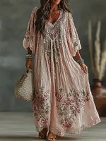 Women's Vintage Floral Art Flowy Linen Blend Casual Long Sleeve Maxi Dress