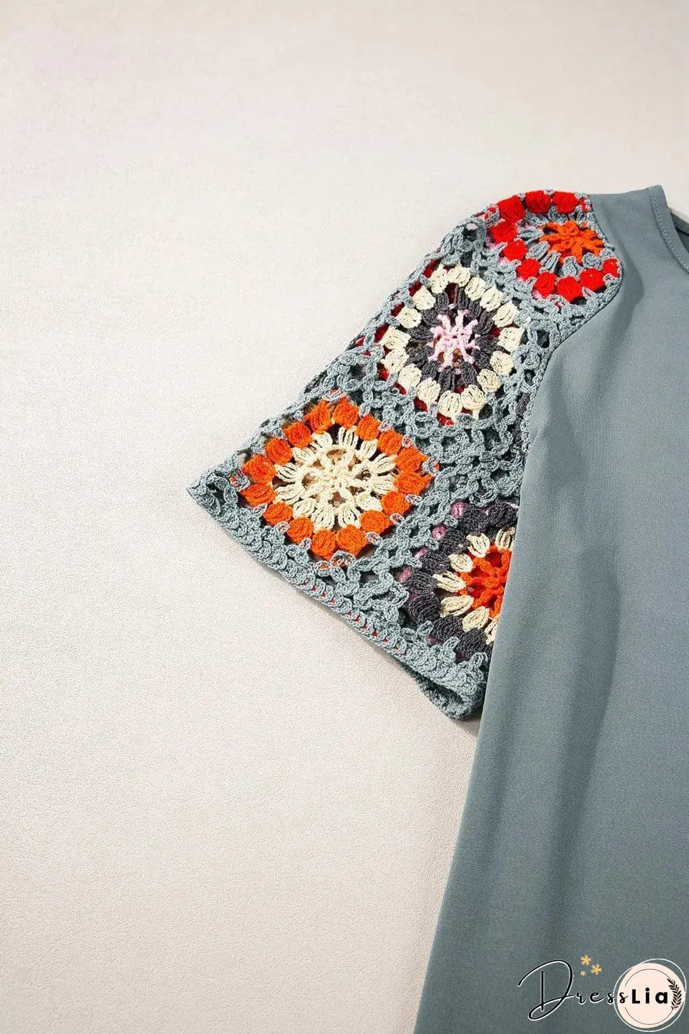 Medium Grey Floral Crochet Short Sleeve Top