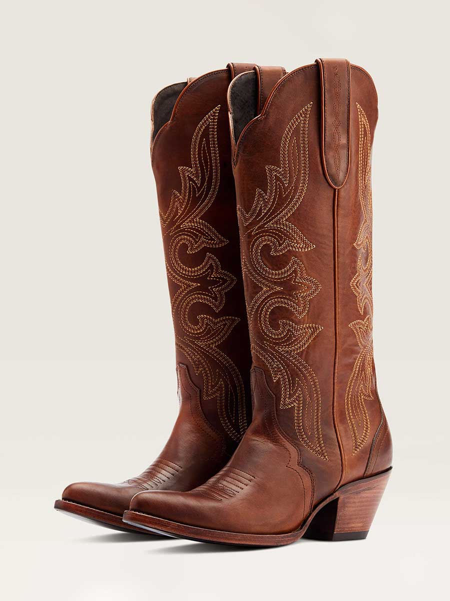 Brown Snip Toe Chunky Heel Embroidered Pull-On Knee High Cowgirl Boots