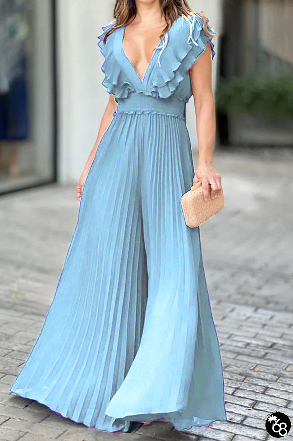 Elegant Solid Flounce Fold V Neck Jumpsuits | 168DEAL