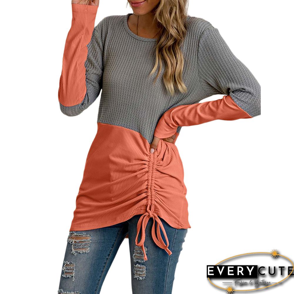 Orange Color Block Waffle Drawstring Long Sleeve Tops