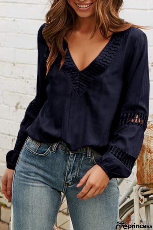 Hollow V Neck Puff Sleeve Blouse