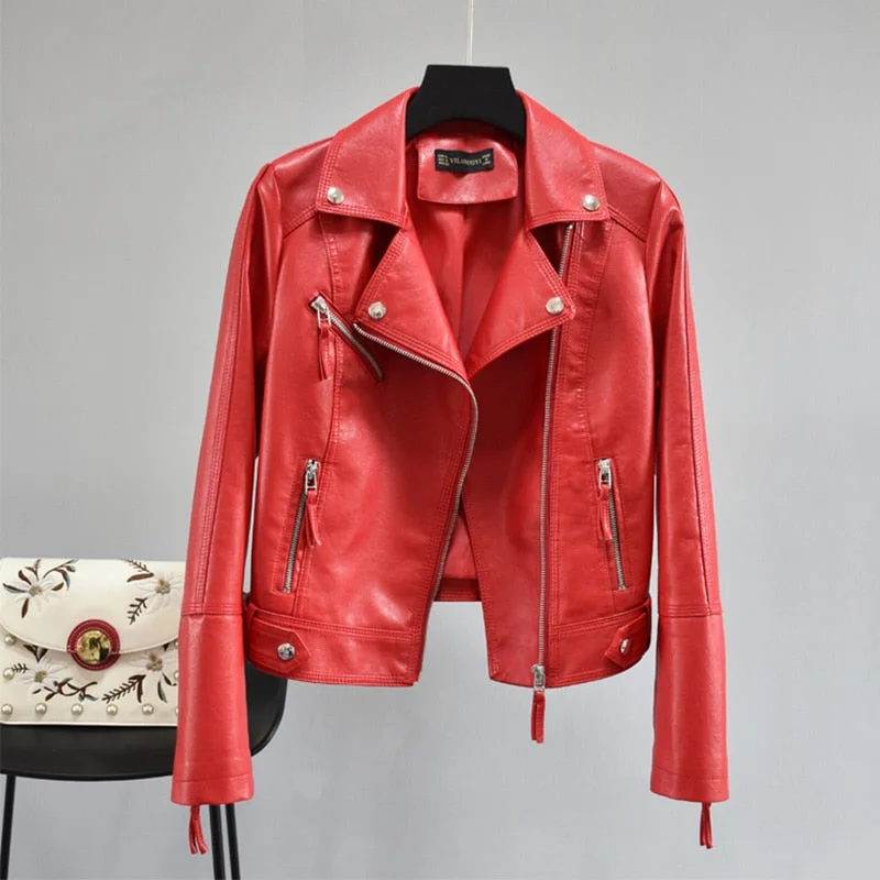 FTLZZ Women Autumn Pu Faux Soft Leather Motorcycle Zipper Jacket Coat Female Turndown Collar Slim Biker Coats Basic Streetwear