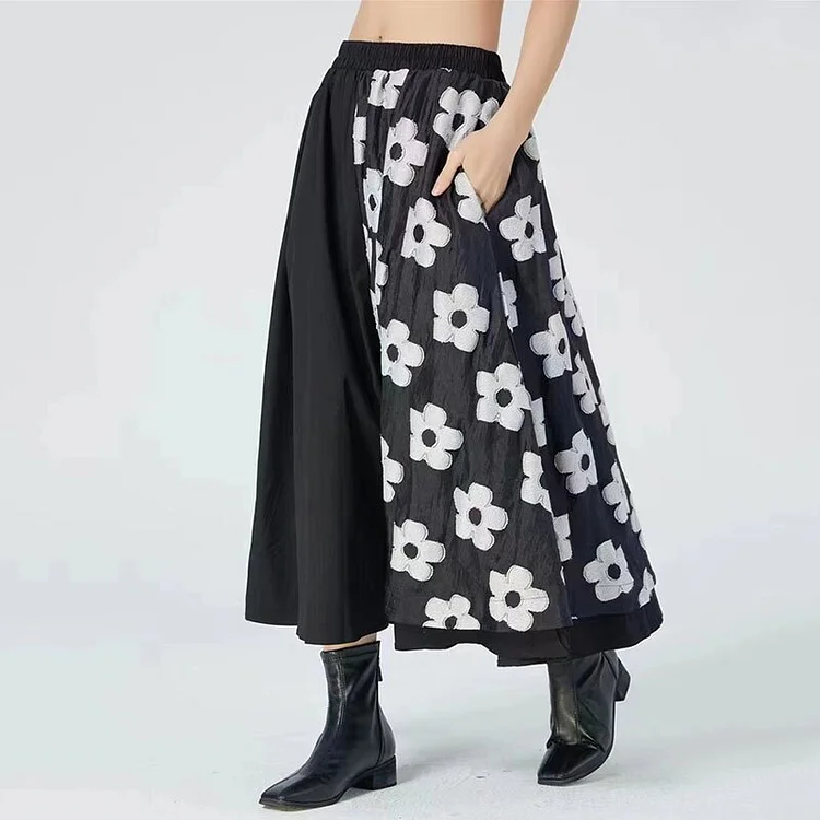 Temperament Flower Printed Patchwork Pockets A-line Skirt   