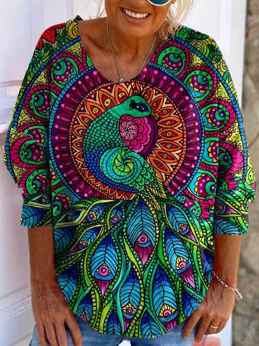 Women's Hippie Peacock Psychedelic Art Casual Top