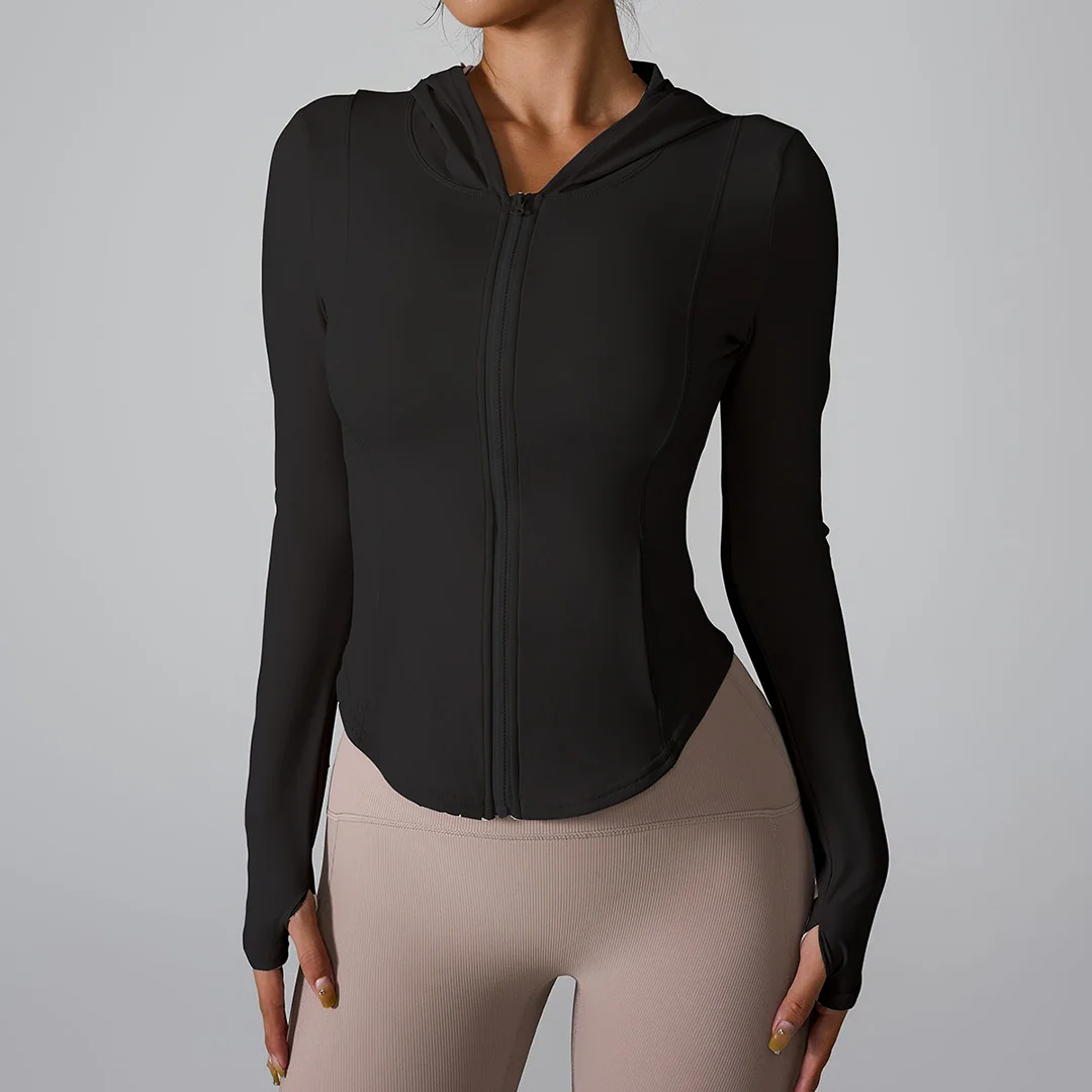 Long sleeved zippered hooded sports top