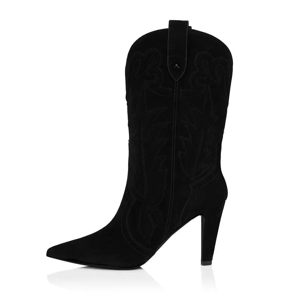 Black Cone Heel Embroidered Pointed Toe Cowgirl Boots for Women