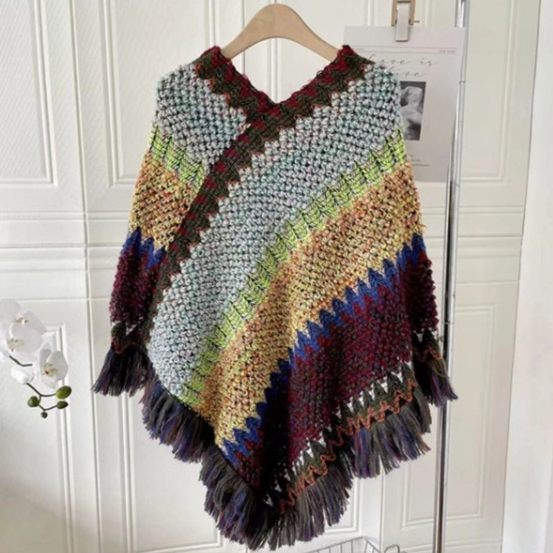Yunnan Lijiang Travel Outside Knitted Shawl Ethnic Style Vintage Cape Cloak Tassel Scarf For Vacation Wear