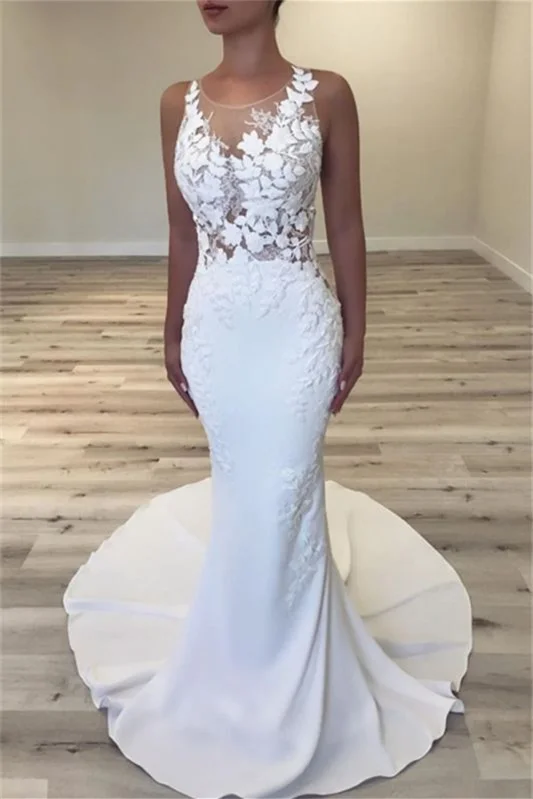 Sleeveless Jewel Long Mermaid Wedding Dress With Lace Appliques PD0979