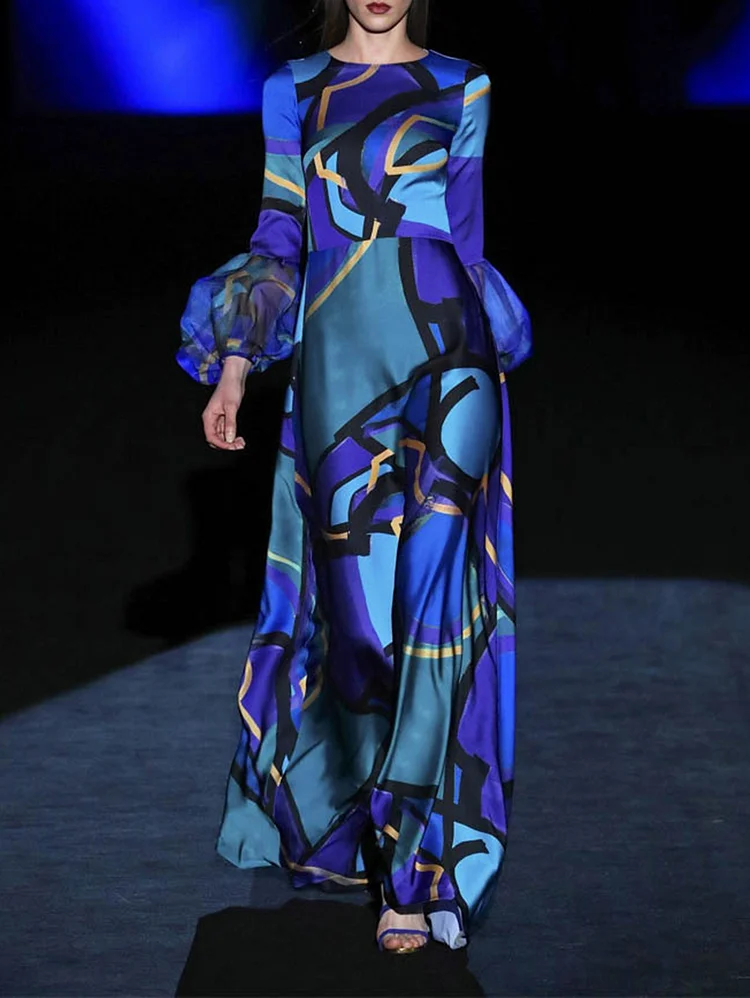 Fashion Abstract Print Puff Sleeve Maxi Dress