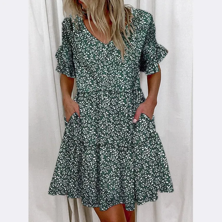 Brownm Regular Sleeve Fashion Short Printed Ruffle Pocket Dress