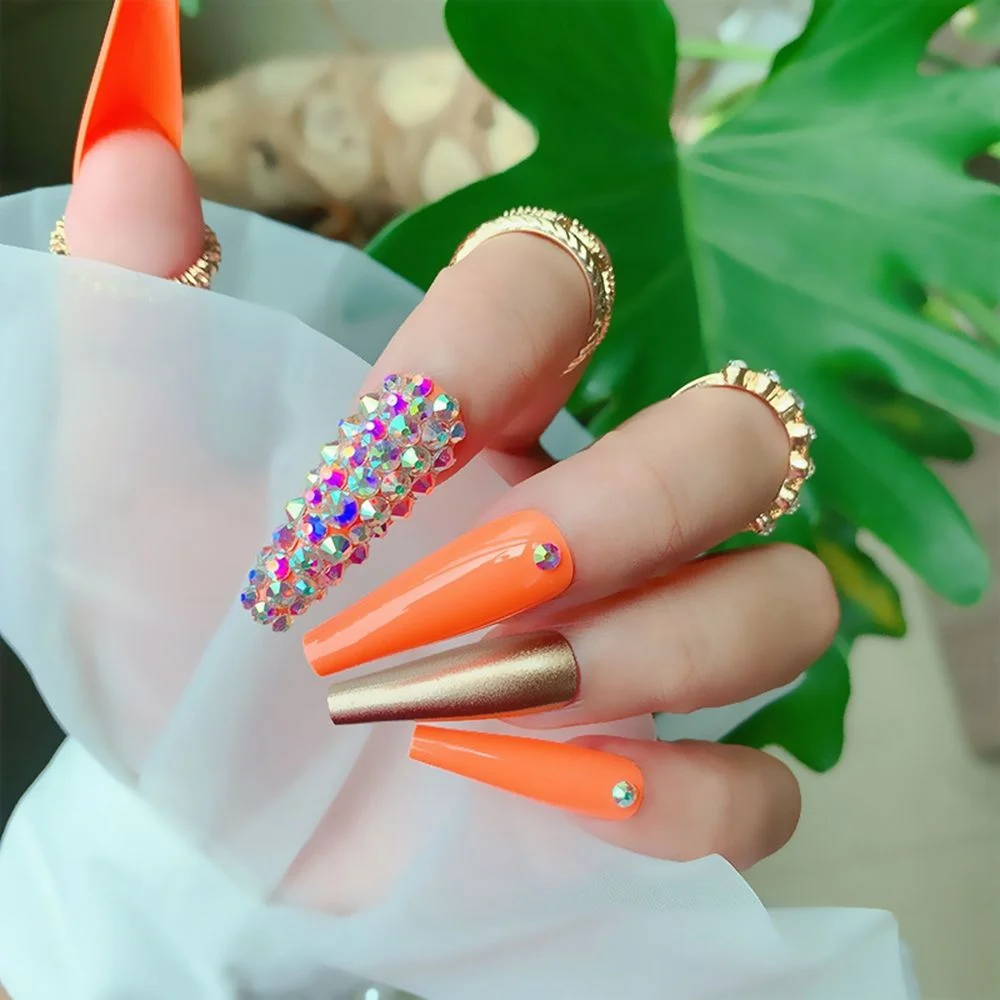 24Pcs/Box Rhinestone Long Coffin False Nails Artificial Ballerina Wearable Stiletto Fake Nails Full Cover Nail Tips With Glue