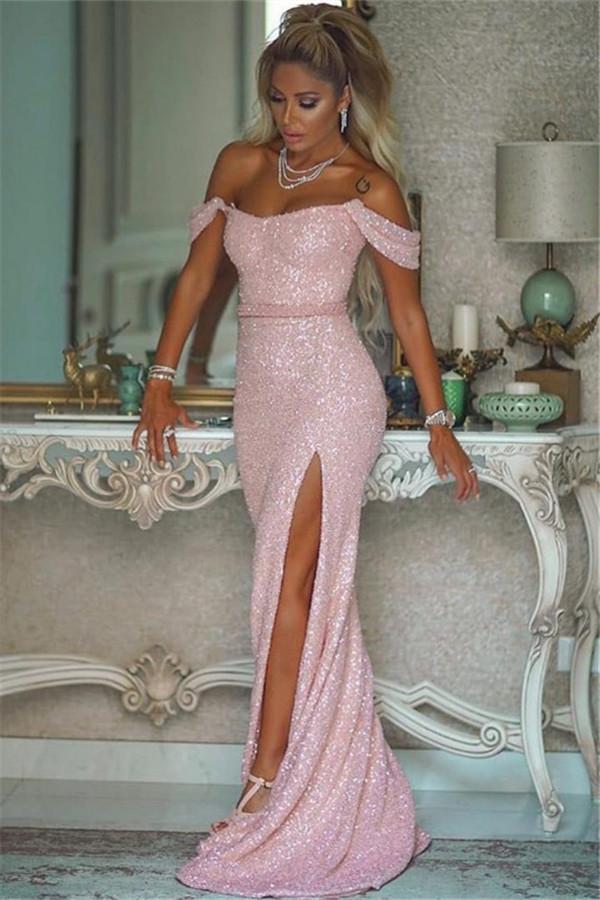 Dresseswow Off-the-Shoulder Pink Sequins Mermaid Prom Dress With Slit