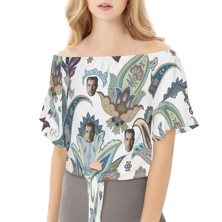 Customized face flower theme women's full one shoulder strap short sleeve T-shirt