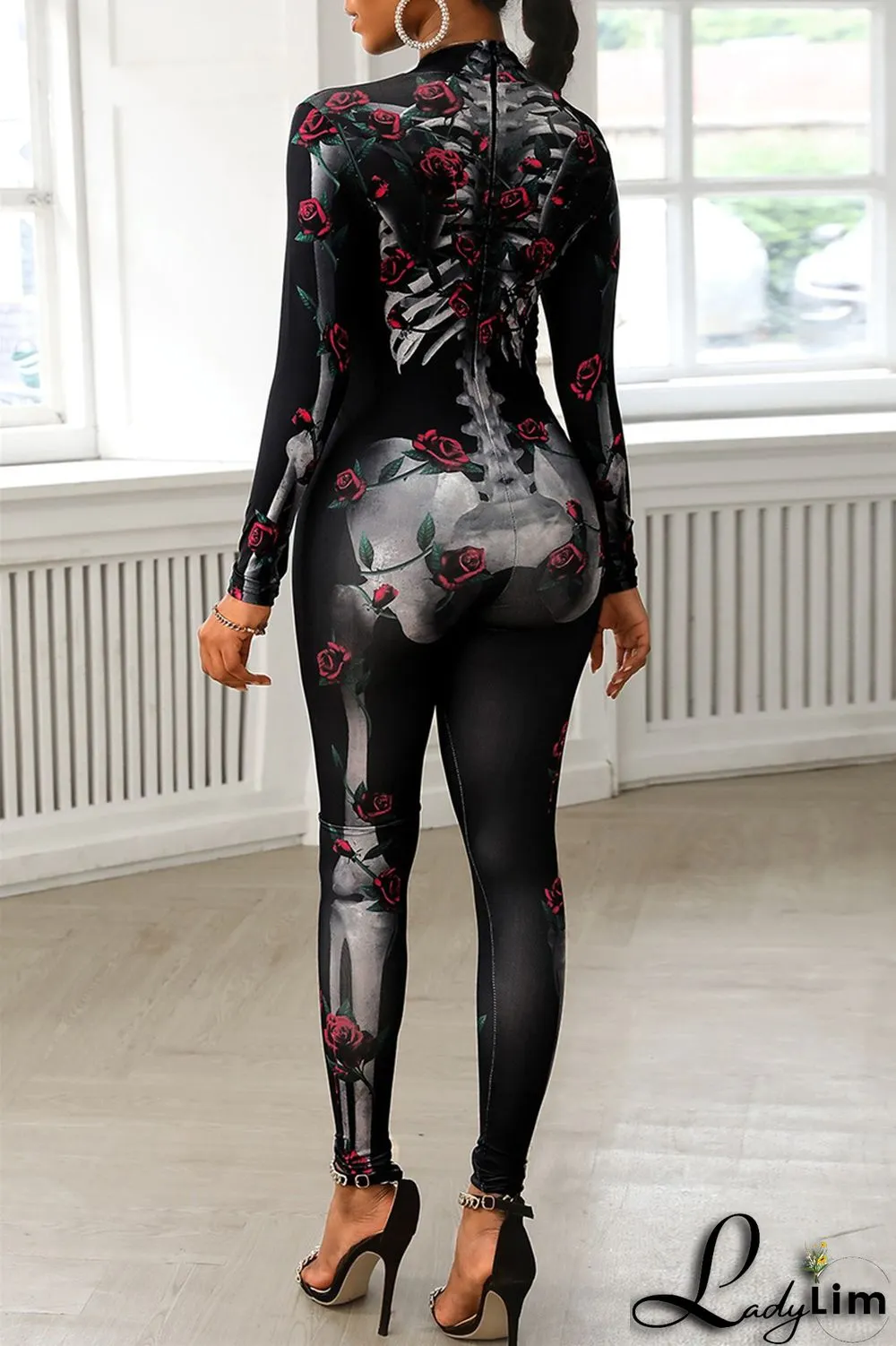 Black Fashion Casual Print Patchwork Half A Turtleneck Skinny Jumpsuits