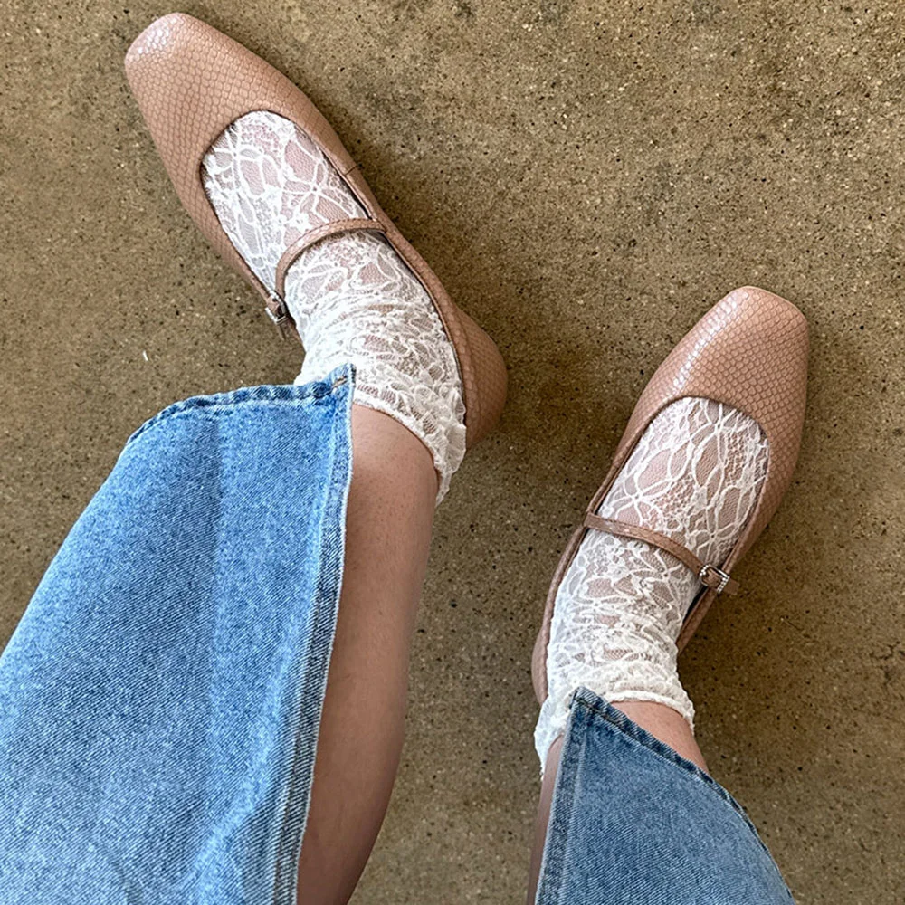 Nude Snakeskin Embossed Square Toe Buckle Strap Flat Shoes Women