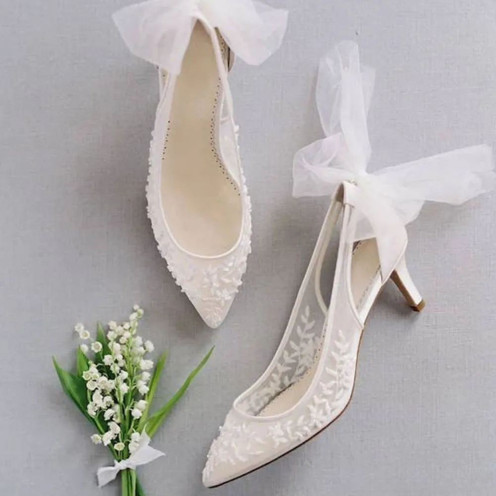 Fashion Ivory Pointed Toe Removable Tulle Bows Wedding Pumps Heels