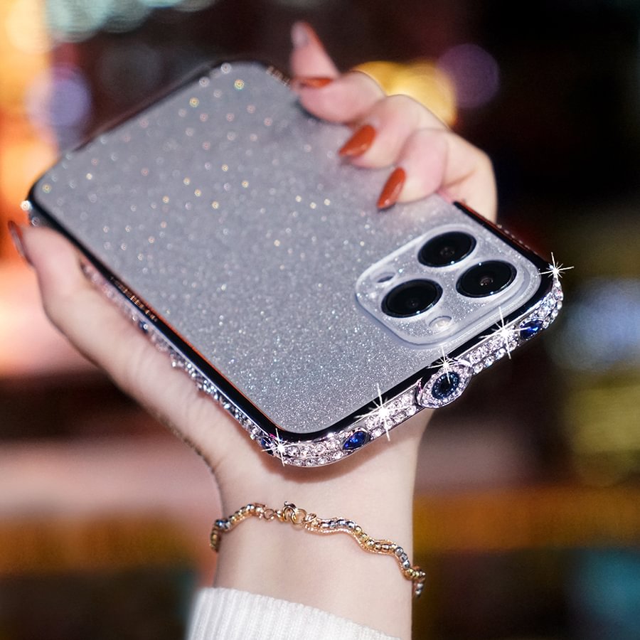 Luxury Fashion Bling Eyes Rhinestone Crystal Metal Bumper Frame Glitter Back-sticker Case for iPhone