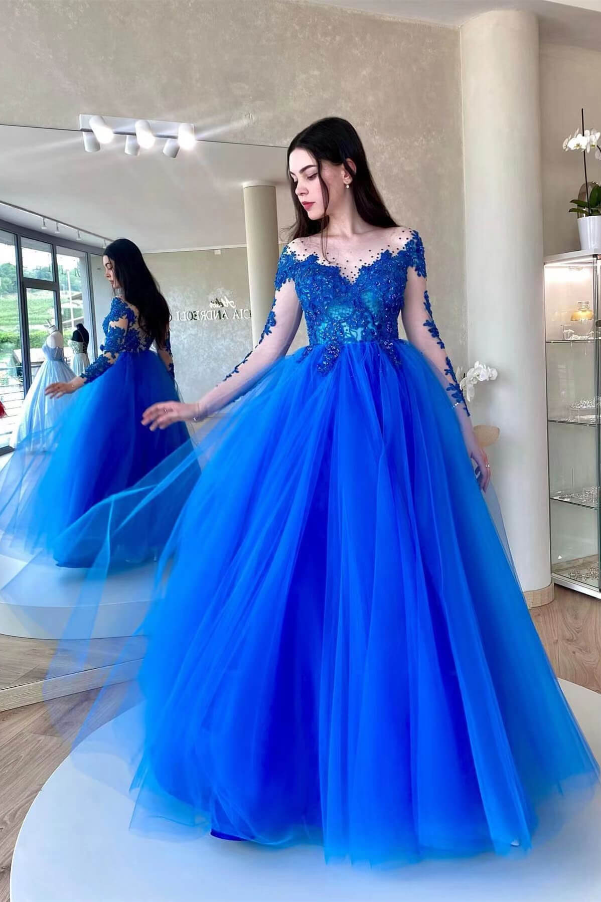 Oknass Royal Blue Long Sleeves Tulle Prom Dress With Appliques Amazing