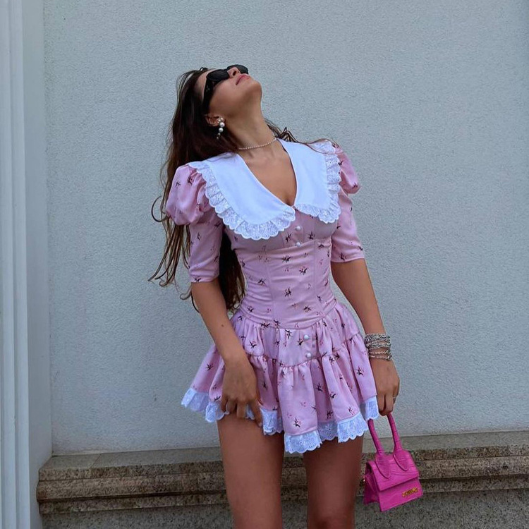 Ootddress Summer Printed Patchwork Mini Dress Female V-Neck Short Sleeve Slim Fashion Elegant Party Dress Gown For Women Dress 2025