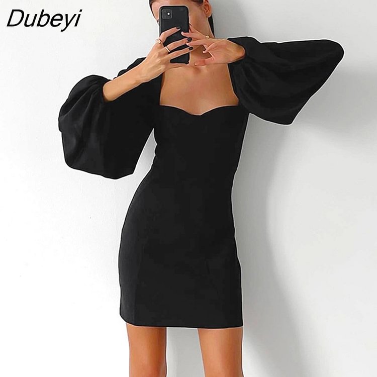 Dubeyi Autumn Black Dress Women Elegant Lantern Sleeve Backless Sexy Evening Dresses High Waist Party Bodycon Mini Dress Female