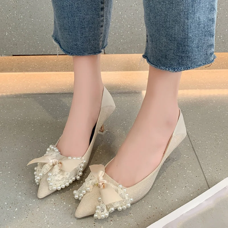 2022 Spring New Lace Bowknot Women Pumps Fashion Pearl Thin High Heels Wedding Party Shoes Woman Sexy Pointed Toe Sandals