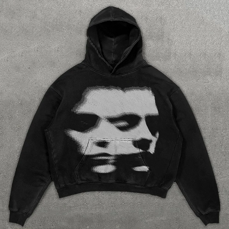 Relaxed Vintage Face Print Graphic Acid Washed Pullover Hoodie
