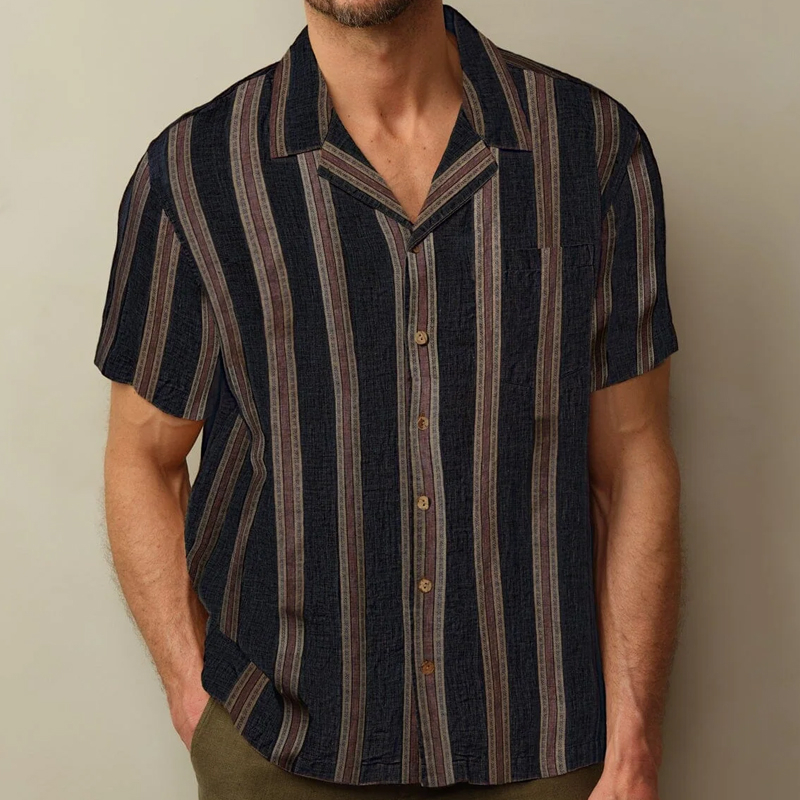Men's Striped Cotton Lapel Single Breasted Short Sleeve Shirt