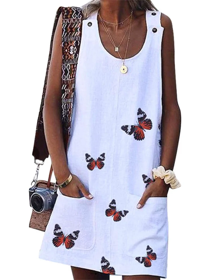 New Butterfly Fashion Print Double-breasted Sleeveless Dress Loose Waist Pocket Fresh Sweet Women's Dresses