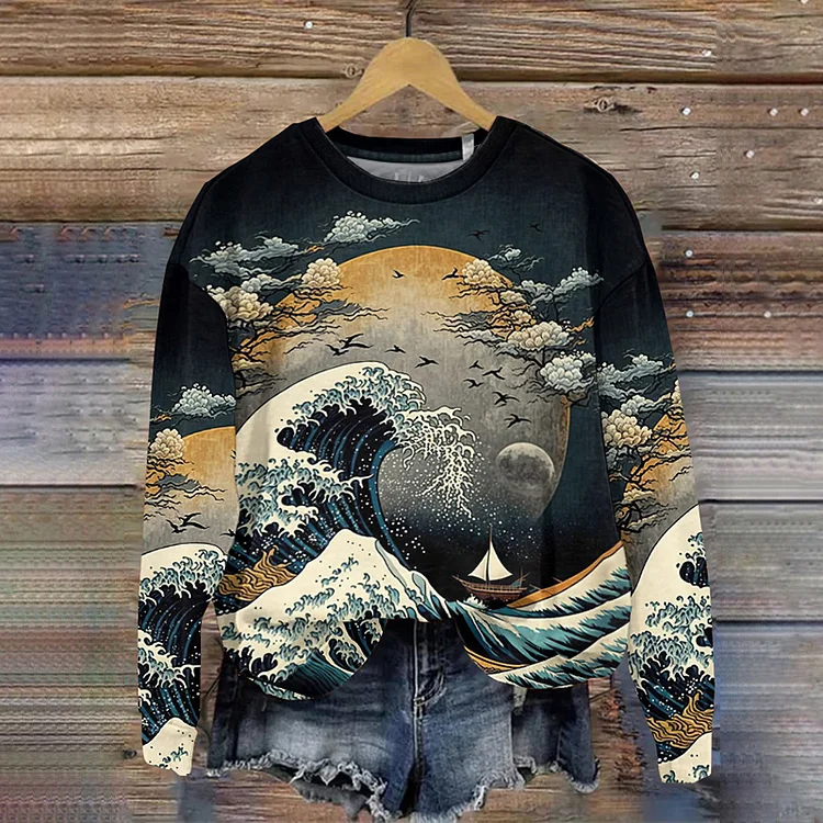 Comstylish Japanese Wave Art Print Crew Neck Sweatshirt