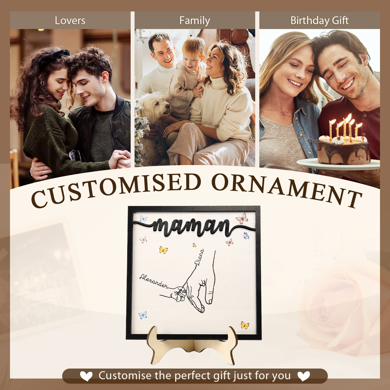 À ma Maman - Décoration en bois la Main dans la Main 2 Prénoms Personnalisés Ornement Famille