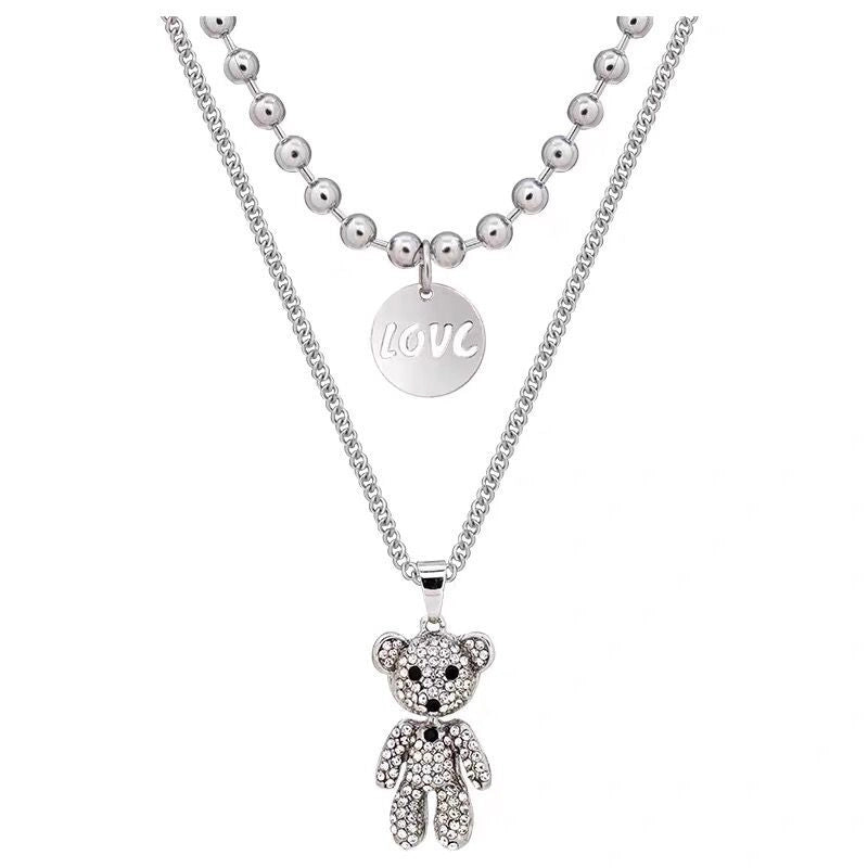 Steel Fashion Hip-hop Simple Love Full Diamond Bear Double Layer Necklace