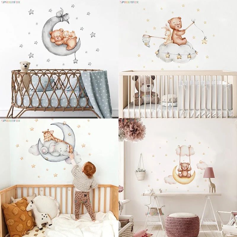 Elephant Giraffe Wall Stickers Child Wall Decorative Vinyl Animal Pattern Moon Wall Stickers For Children's Room Kids Rooms