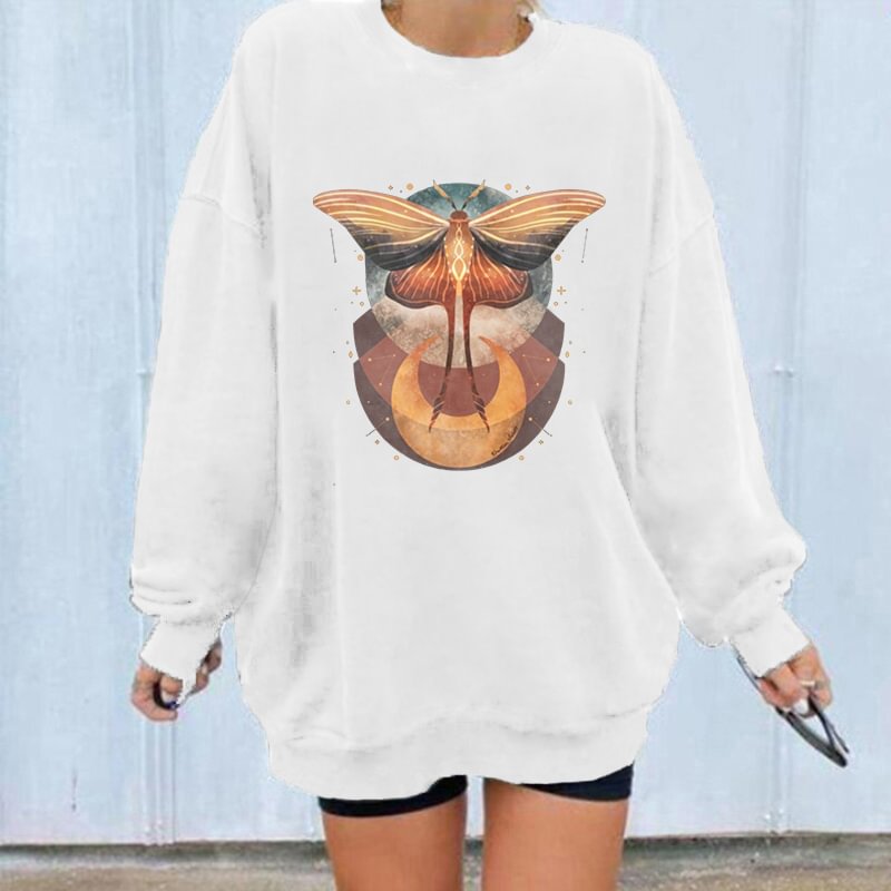  Colored Moth Moon Printed Women's Loose White Sweatshirt - Neojana