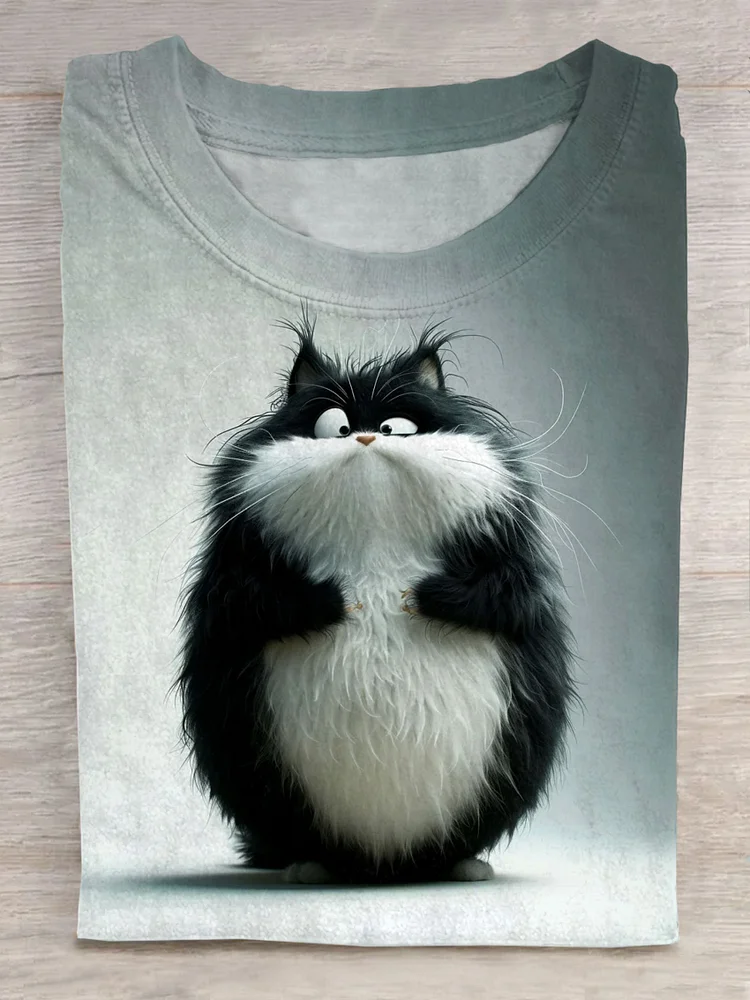 Cute Fluffy Cat Art Print Short Sleeve Casual T-shirt