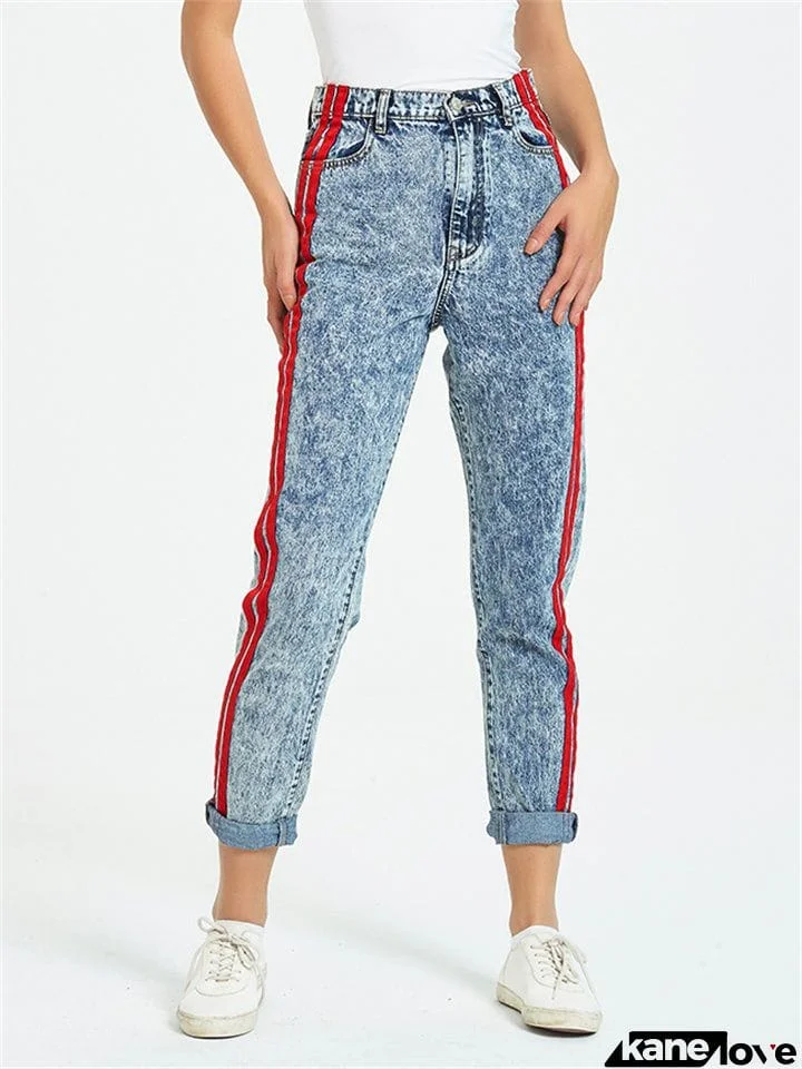 Street Style Red Patchwork Washed Effect Light Blue Denim Pants for Women