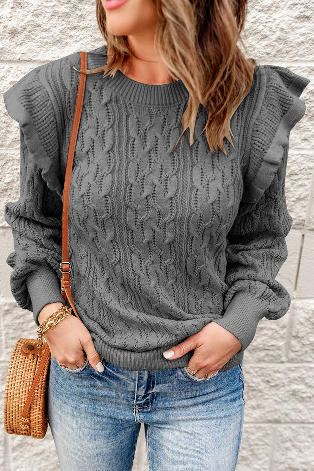 Soft Grey Ruffle Shoulder Sweater main image 1