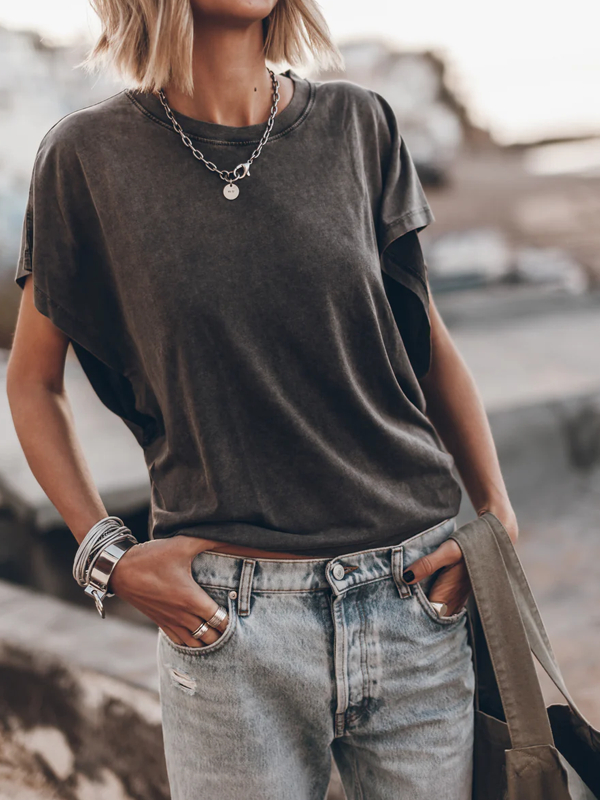 Round Neck Breathable Solid Color Bat Sleeves Ladies Short Sleeves tjj Shicloths