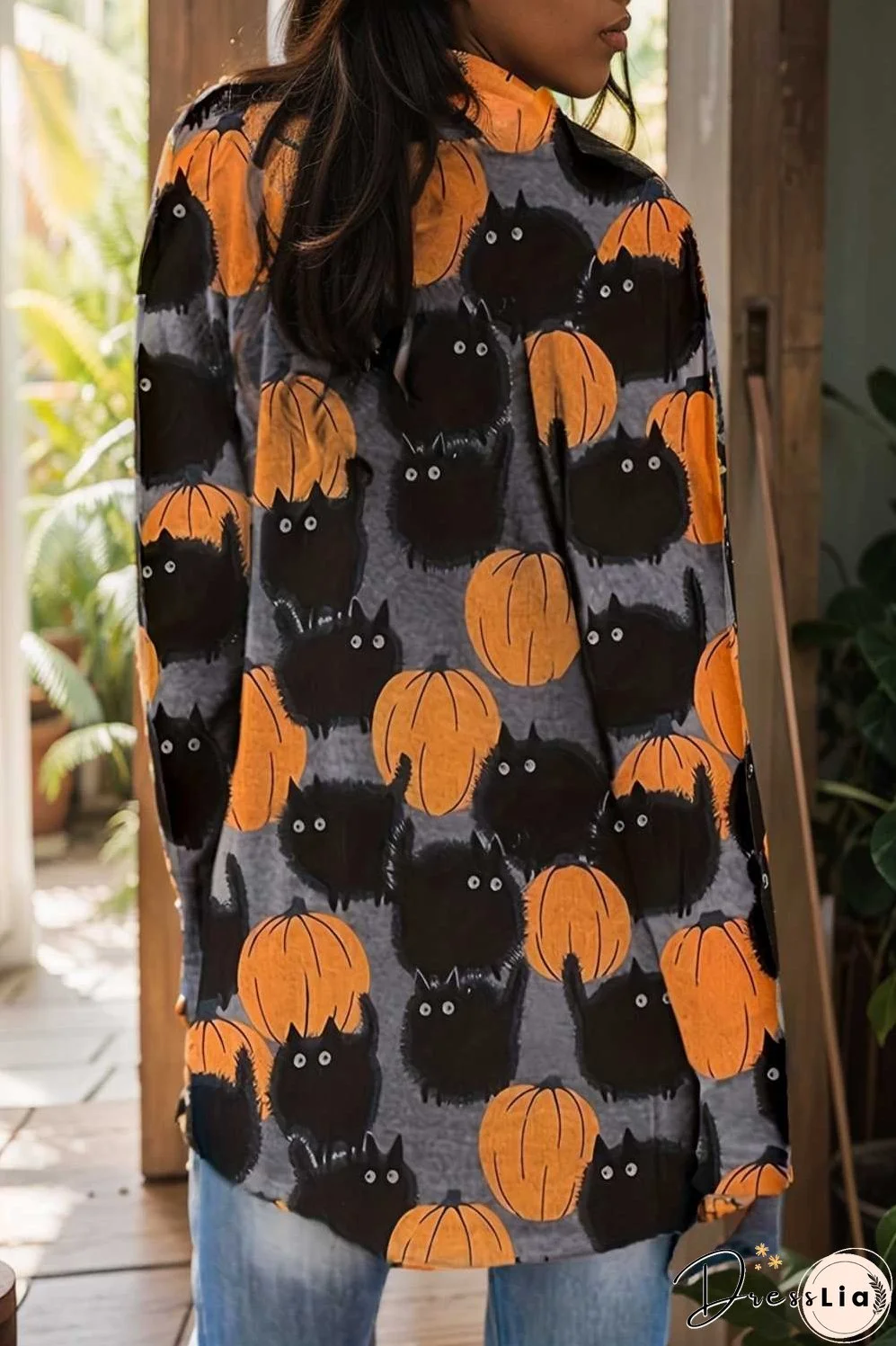 plus size halloween coat women s pus allover cat pumpkin print long sleeve open front medium stretch cardigan overcoat