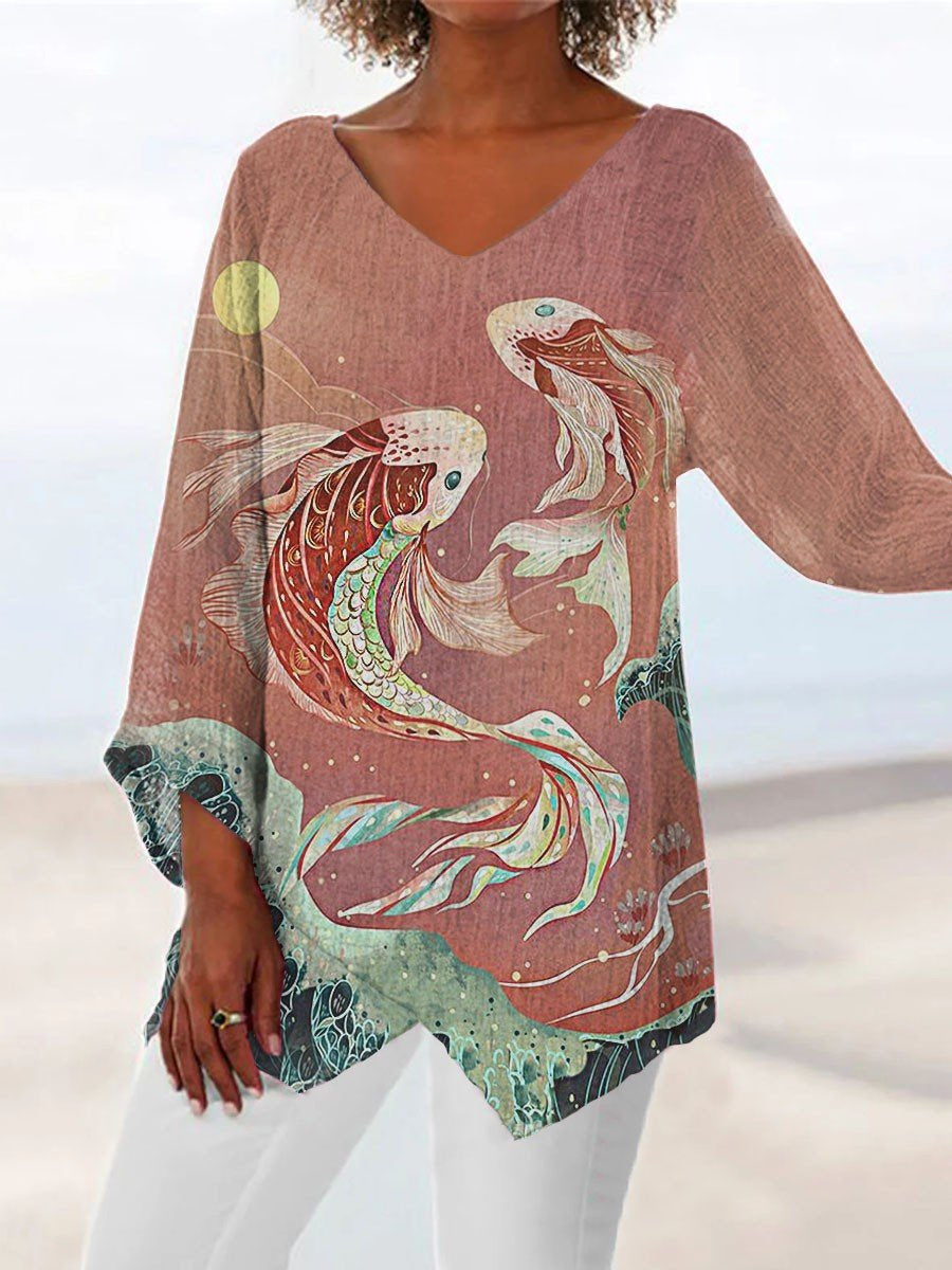 Women Long Sleeve V-neck Graphic Floral Printed Top