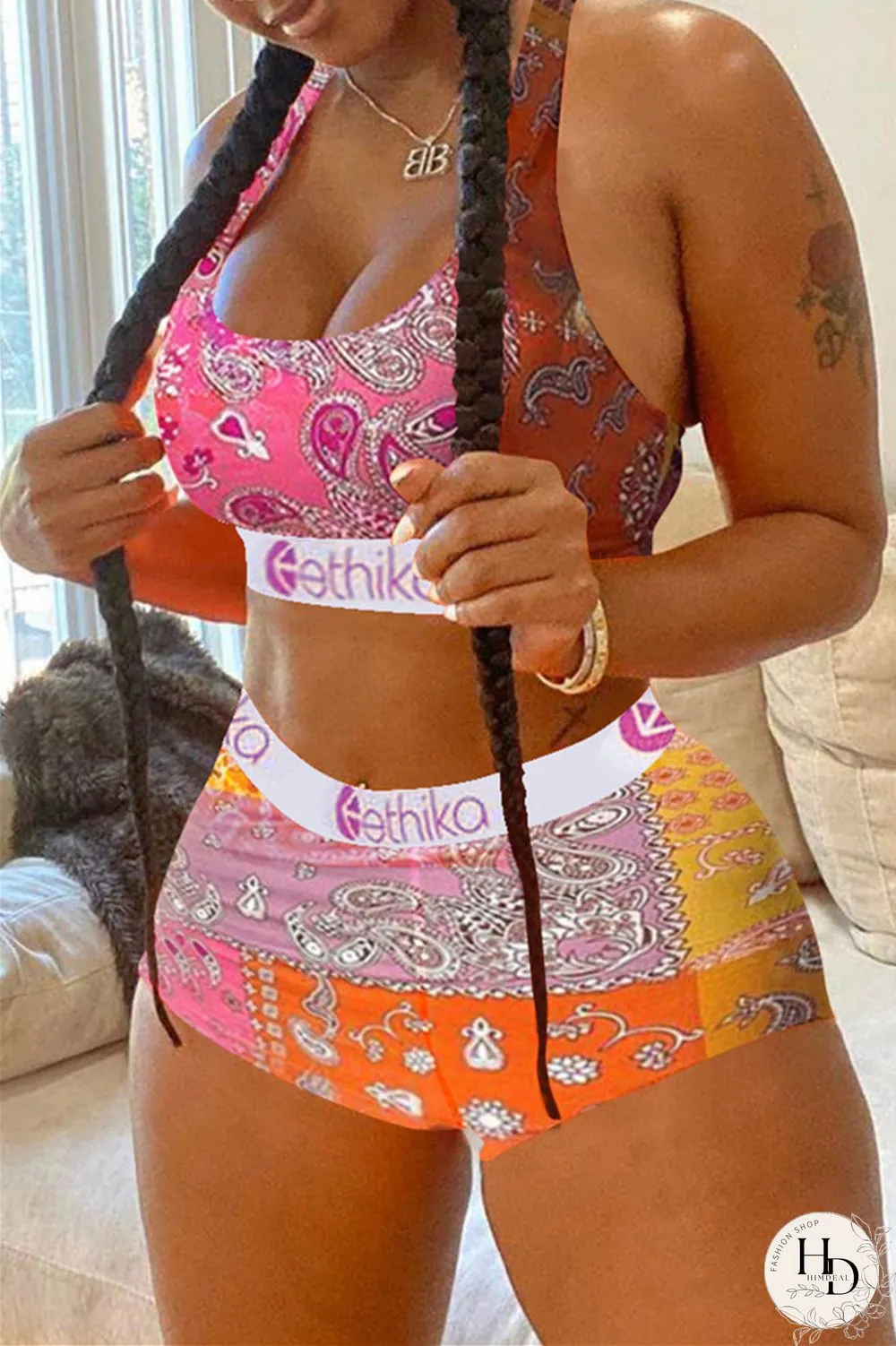 Colour Casual Sportswear Print Vests U Neck Sleeveless Two Pieces