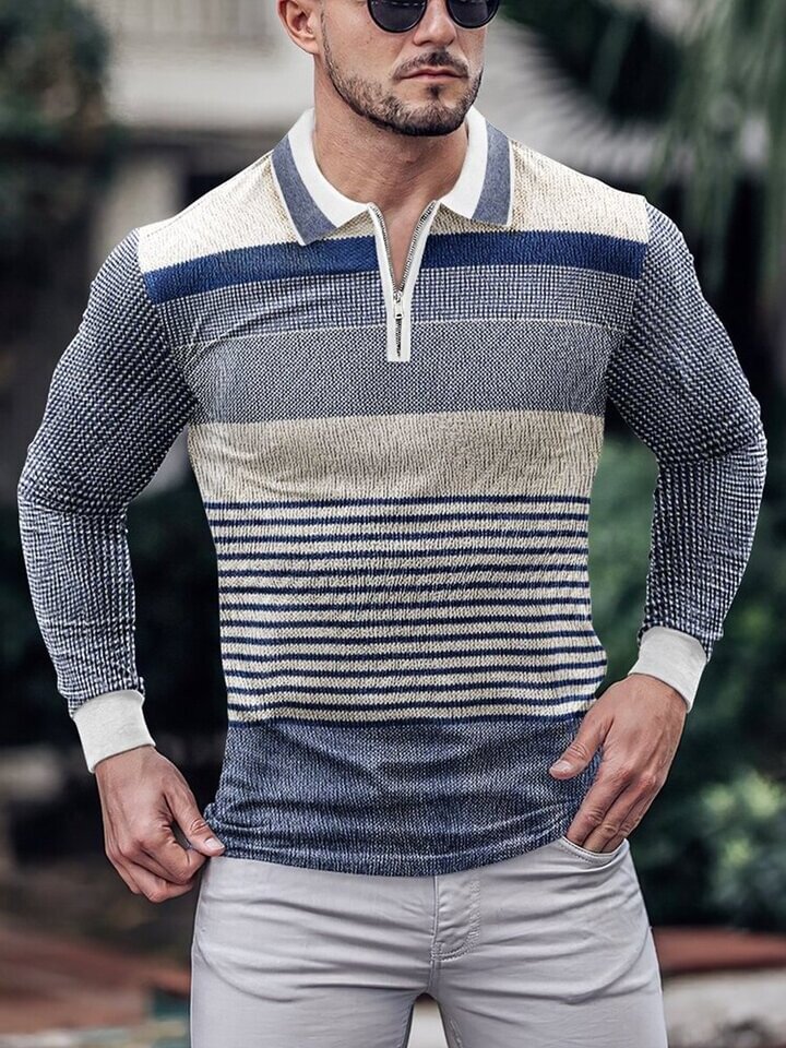 men's casual colorblock long-sleeved polo shirt