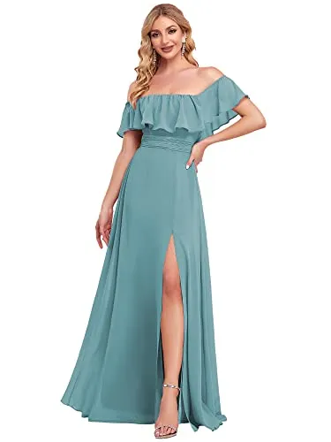 Off Shoulder Ruffle Party Side Split Beach Maxi Dress