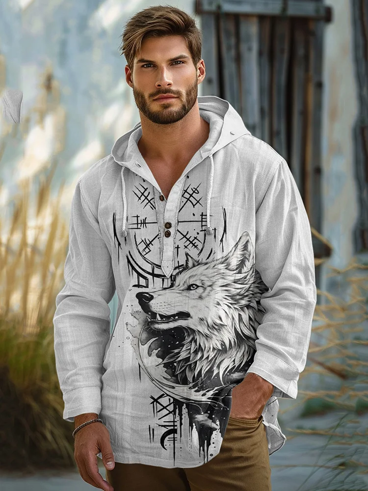 Men's Vintage Viking Wolf Art Linen Hooded Shirt