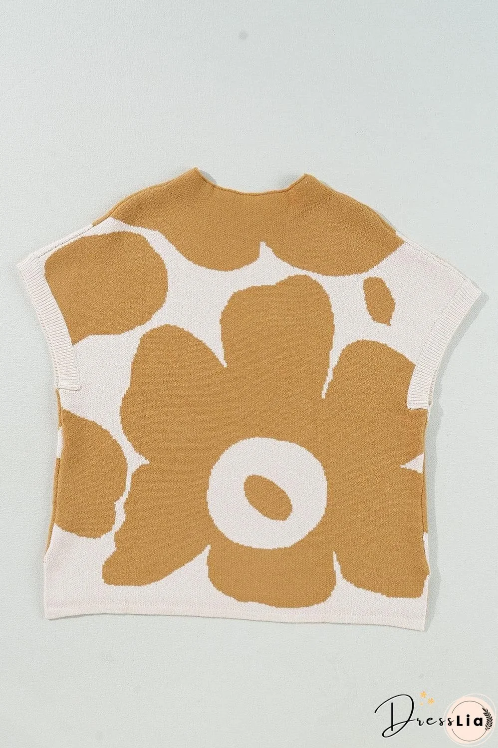 Camel Big Flower Pattern Stand Neck Short Sleeve Sweater