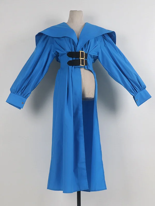 High Waisted Long Sleeves Asymmetric Belted Pleated Solid Color Lapel Midi Dresses